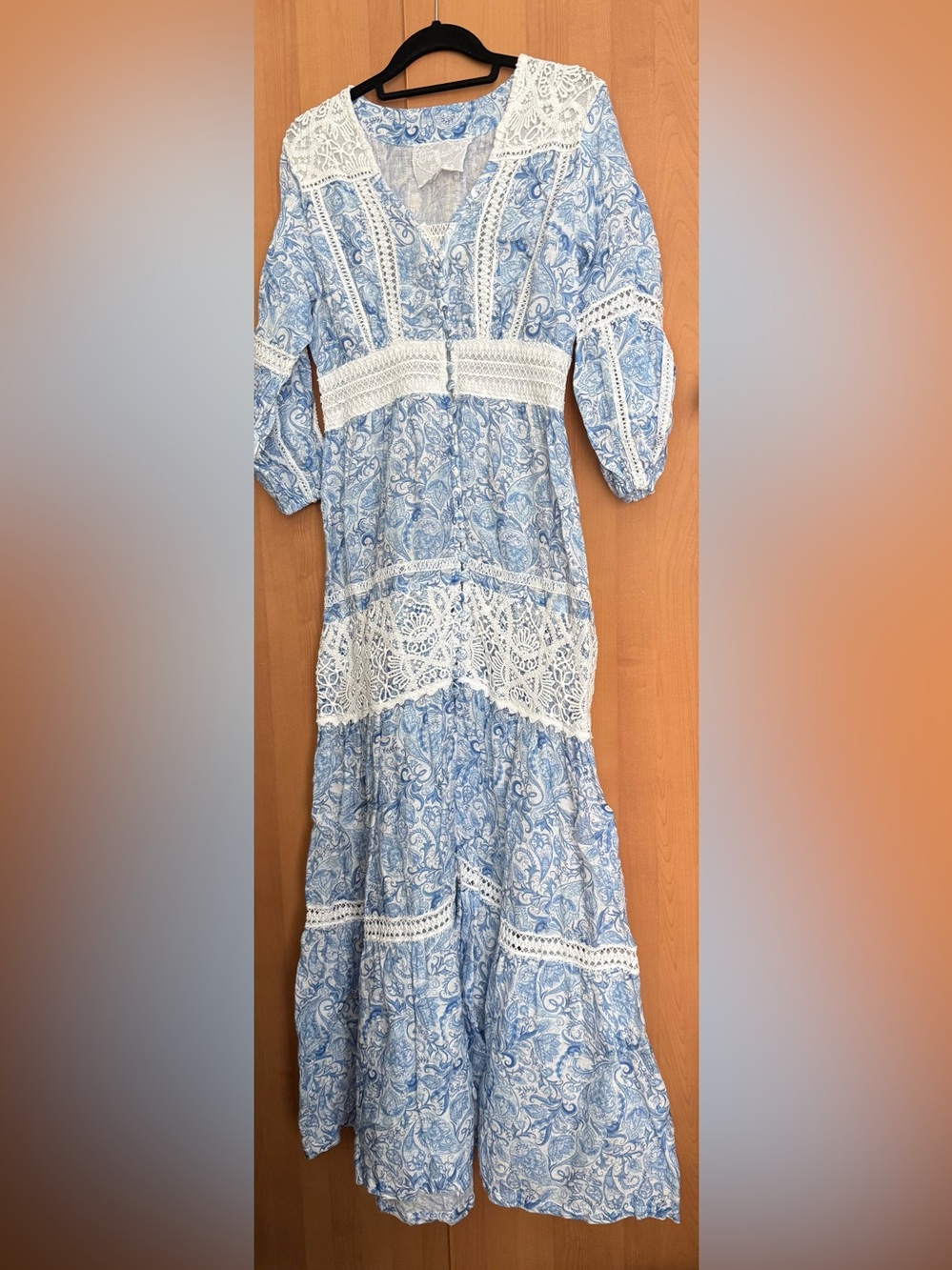 Girls' Sky Blue Paisley Lace-Trim Casual Maxi Dress